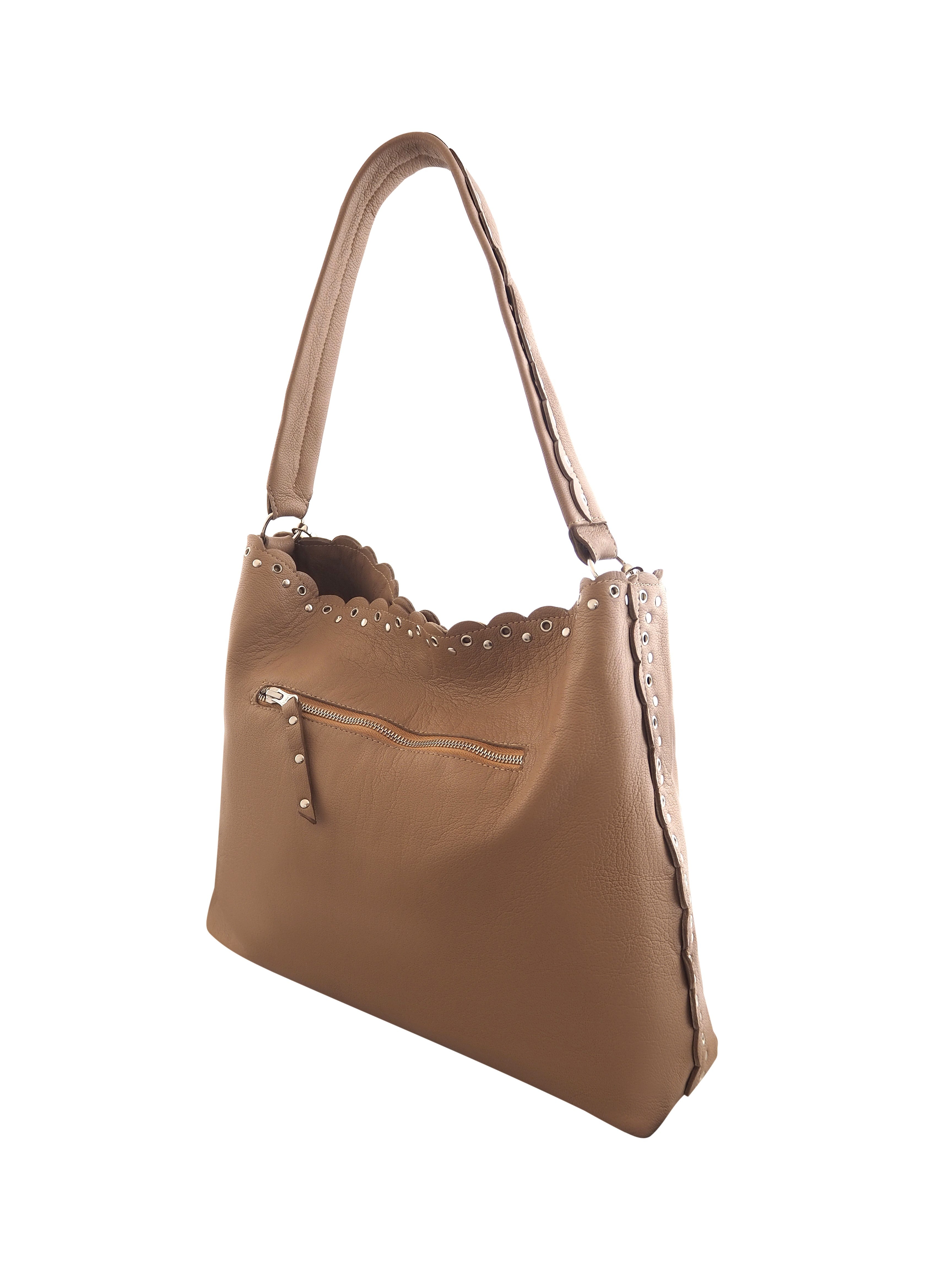 Back view of mocha chocolate handbag with scallop edges and silver studs