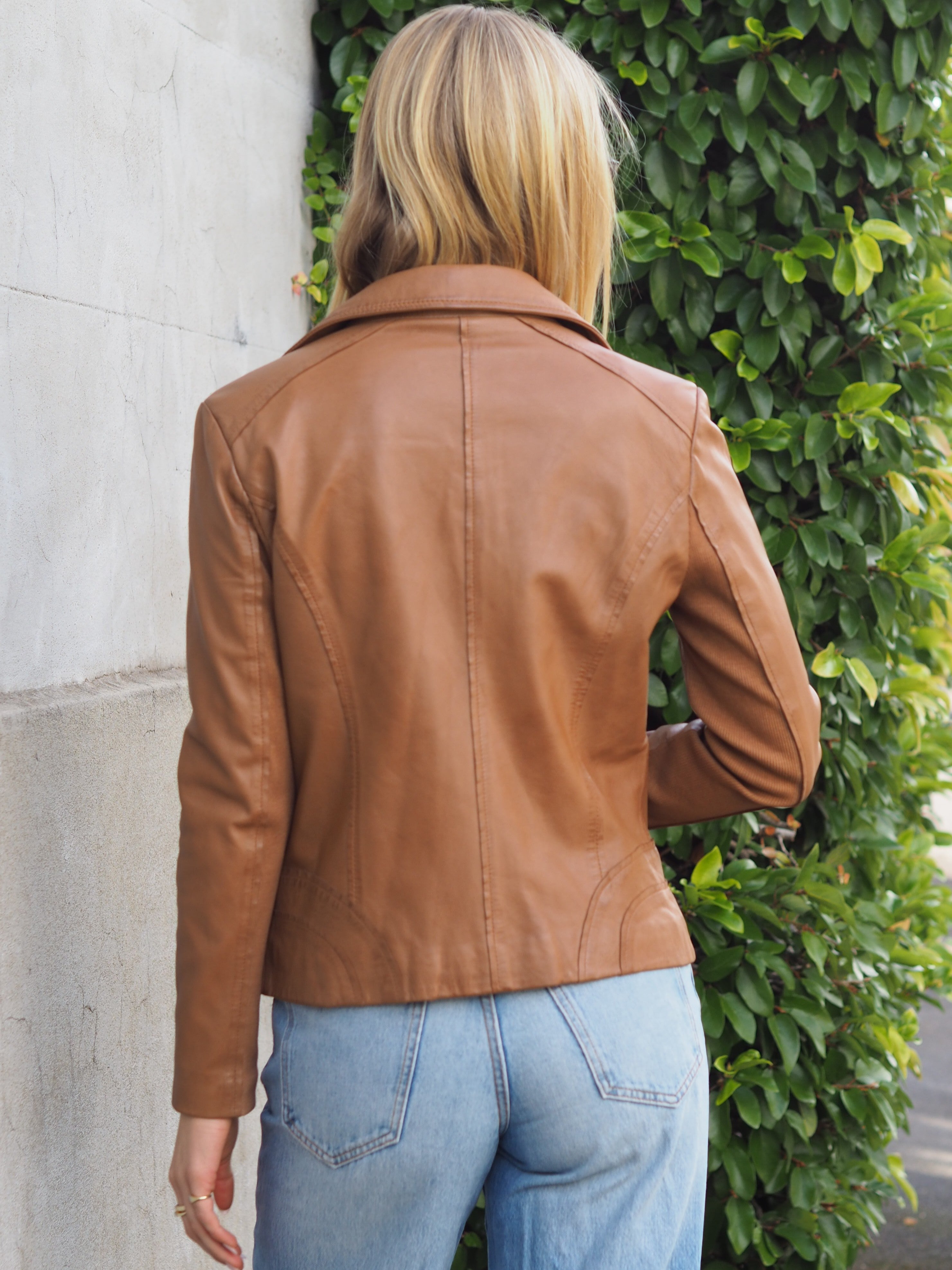 Mackenzie camel leather jacket back view 