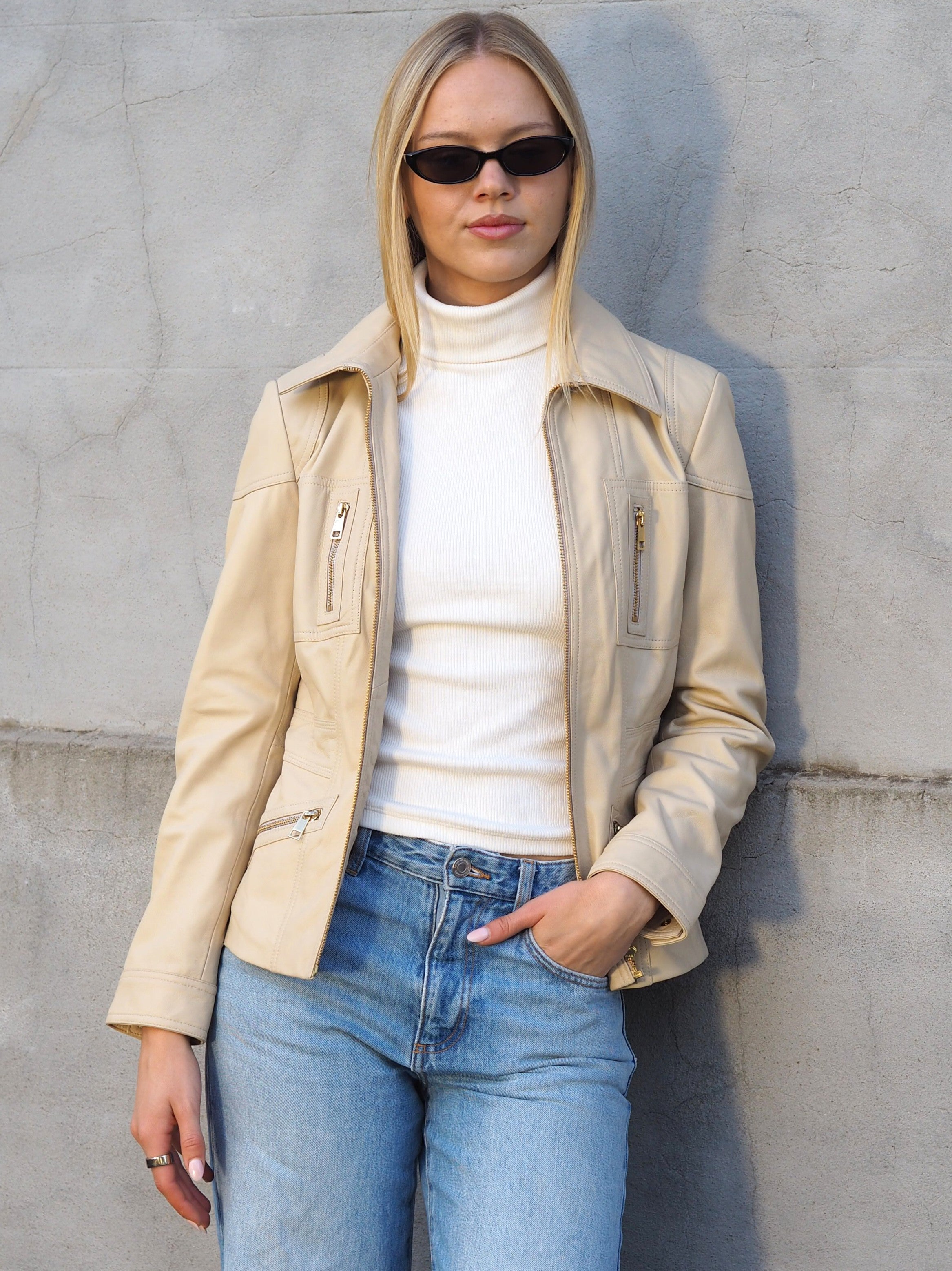 Madison beige leather jacket with patch zip pockets