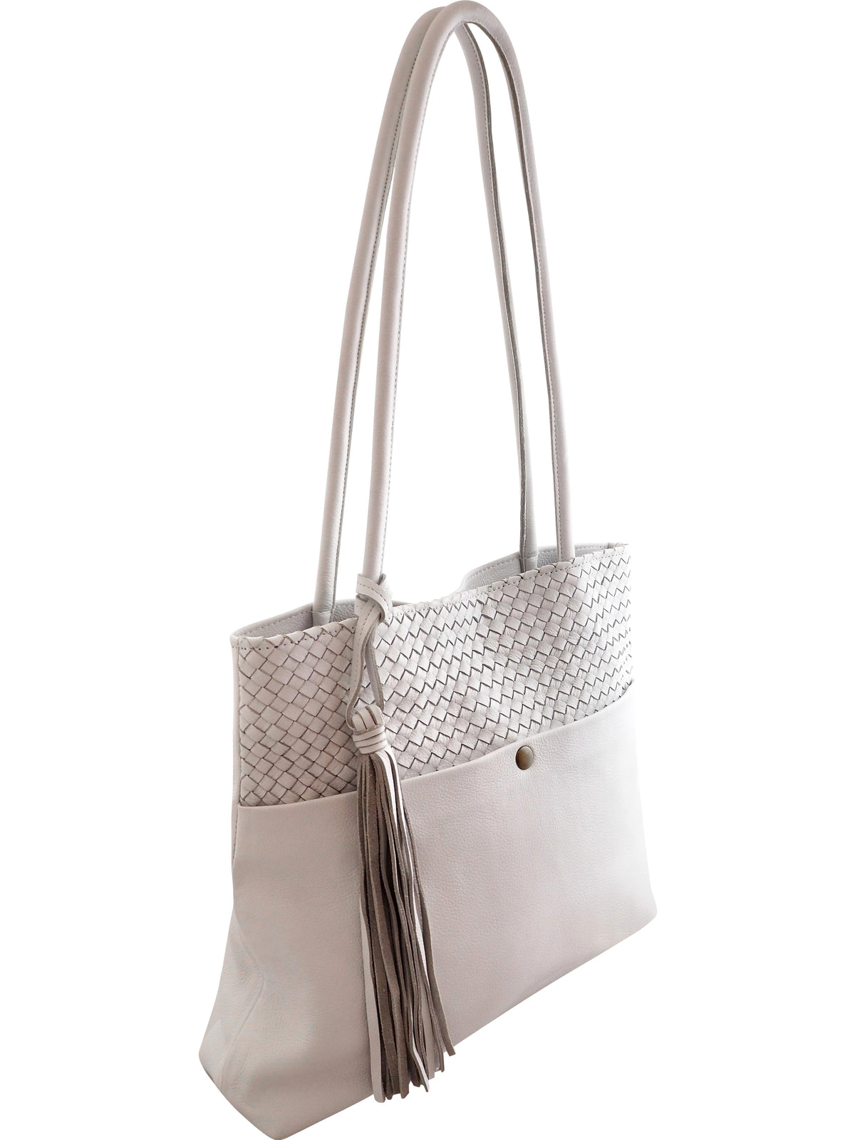 Cadelle Billie white leather tote bag with a woven upper panel, dual shoulder straps, and a detachable tassel 