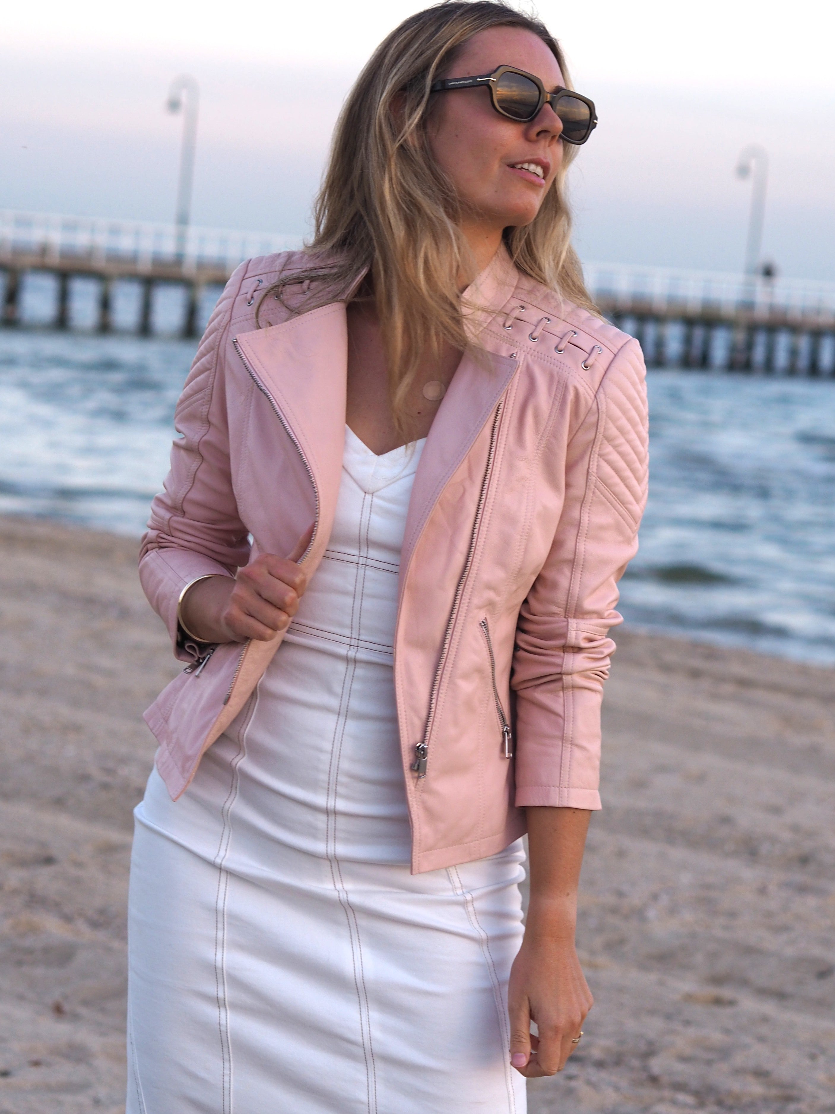 Blush leaeher biker jacket front view