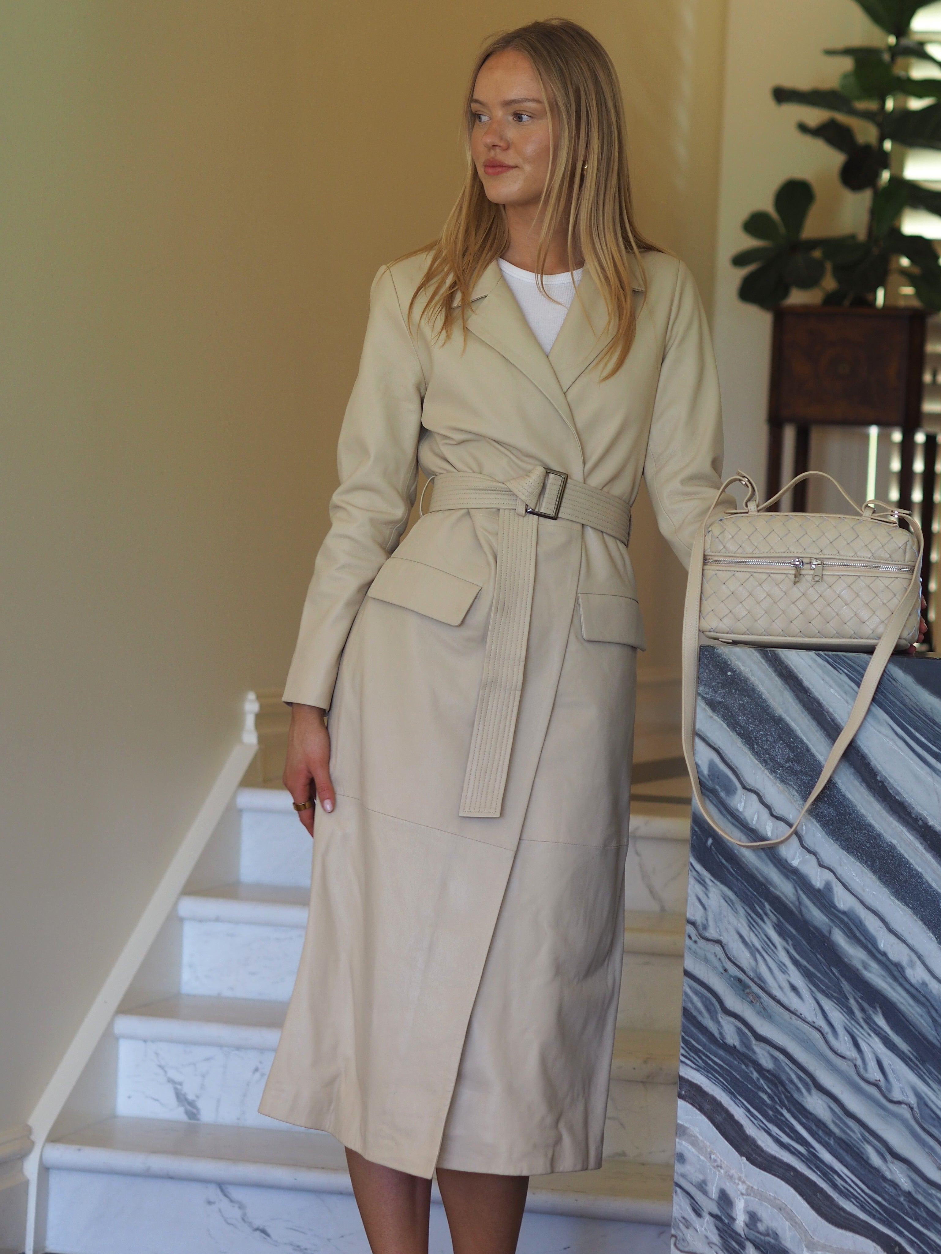 Turin beige leather long trench with belt