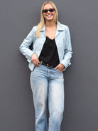 Cadelle Saskia pale blue leather jacket with patch pockets and revere collar