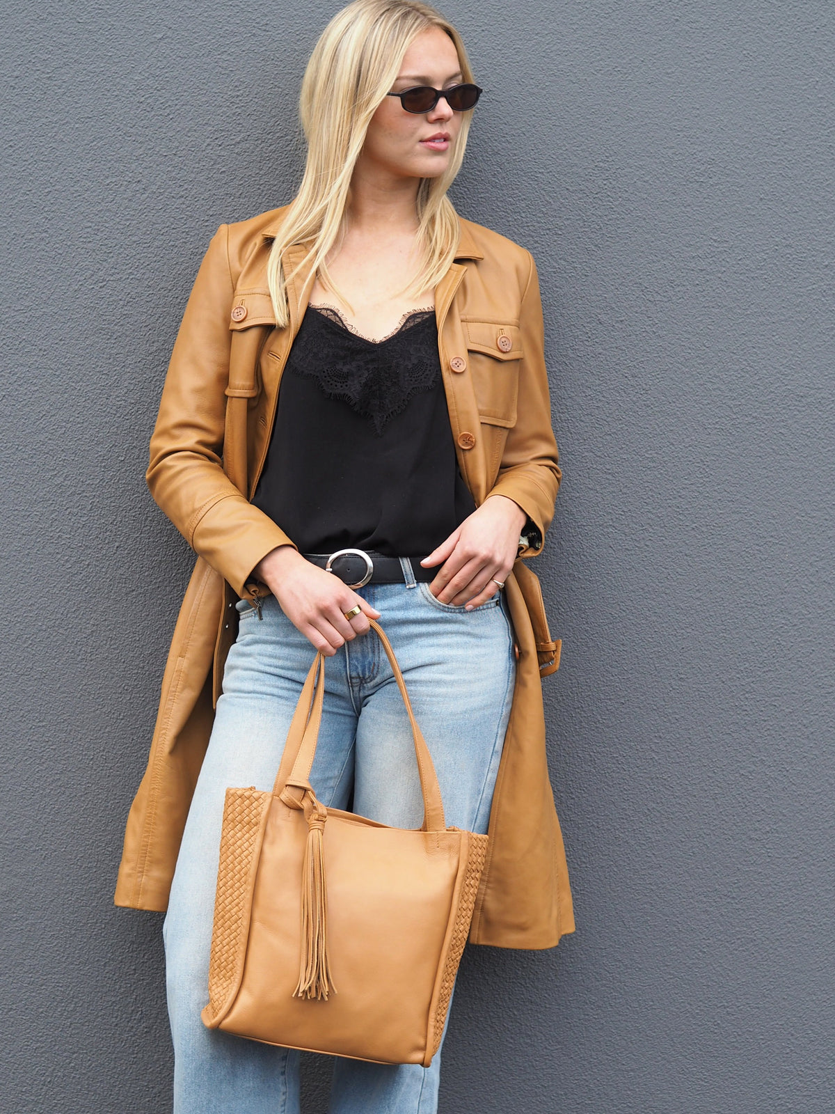 Cadelle Brooklyn leather camel tote with side woven panels and detachable tassel