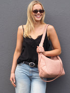 Cadelle Frankie Misty Rose leather  shopper with woven front panel plait strap and detachable crossbody strap