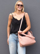 Cadelle Frankie leather shopper in Misty Rose with crossbody strap, plait shoulder strap and woven front panel