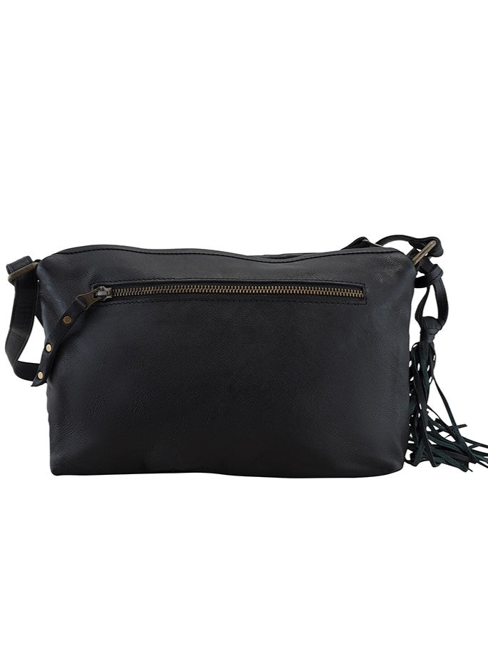 Cadelle Diane Black leather crossbody bag with zip pocket and detachable tassel- back view