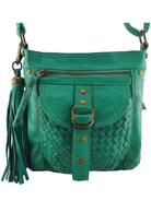 Cadelle Jamie peacock green leather crossbody bag with hand woven flap and tassel front view