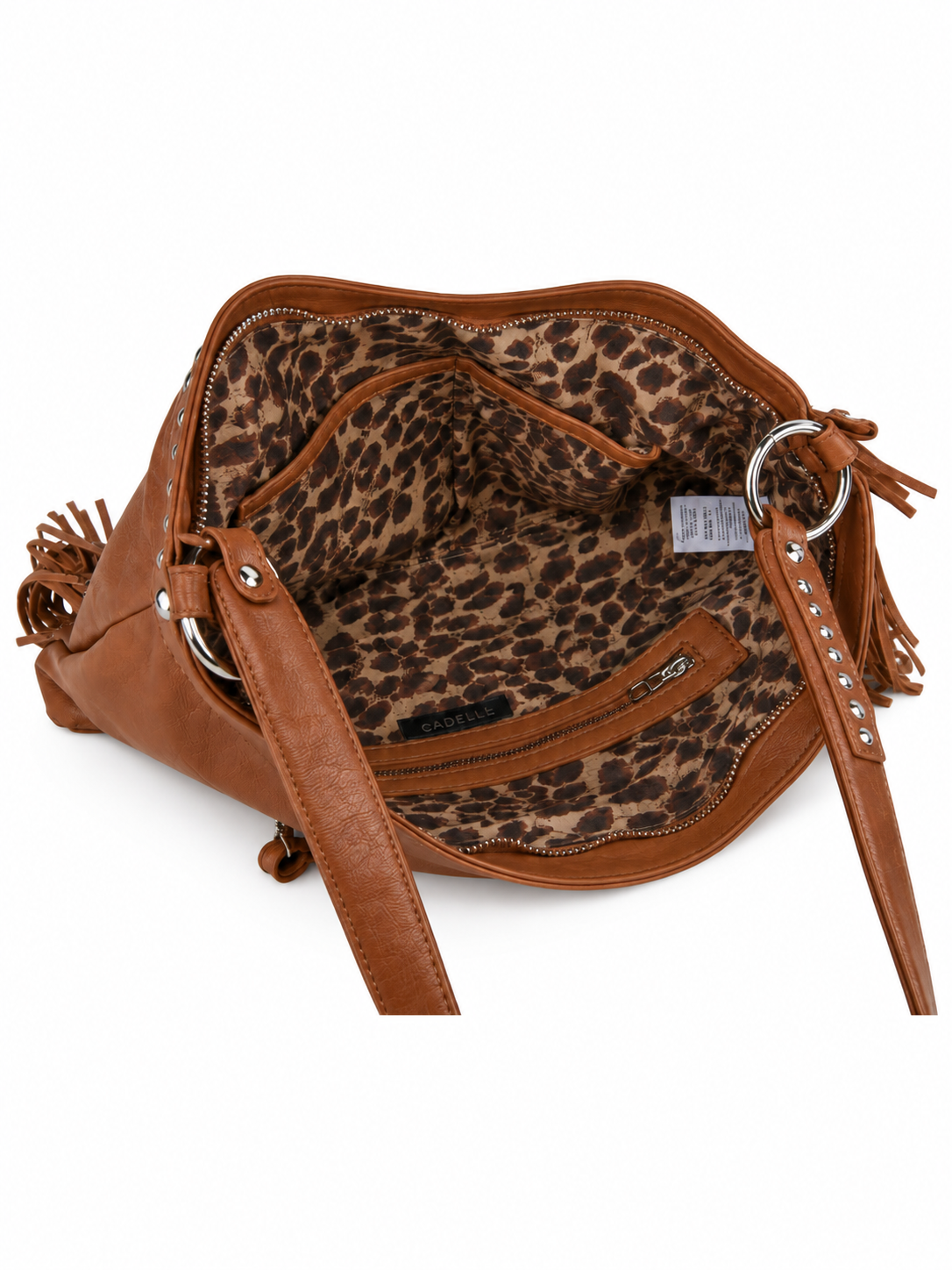 Cadelle Patty cognac  brown leather handbag with a leopard-print interior lining