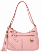 Peggy misty rose pink leather crossbody bag with adjustable strap, a decorative tassel, and antique brass hardware