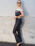 Cadelle Raquel black stretch suede pants with flattering bootcut fit side view