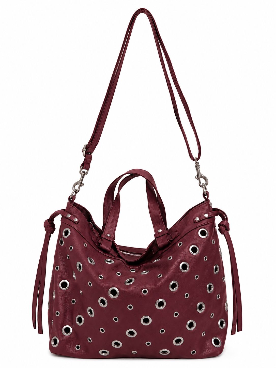 Cadelle Annelise berry leather shoulder bag with eyelet detail