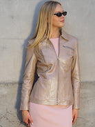 Primrose champagne metallic leather jacket zipped up
