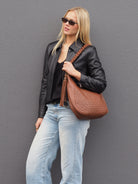 Lana chocolate leather hobo with woven front