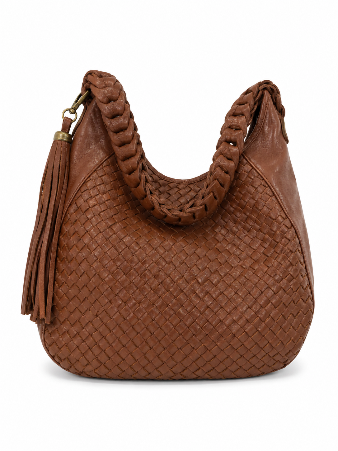 Lana chocolate leather hobo with woven front, detachable tassel and fancy handle