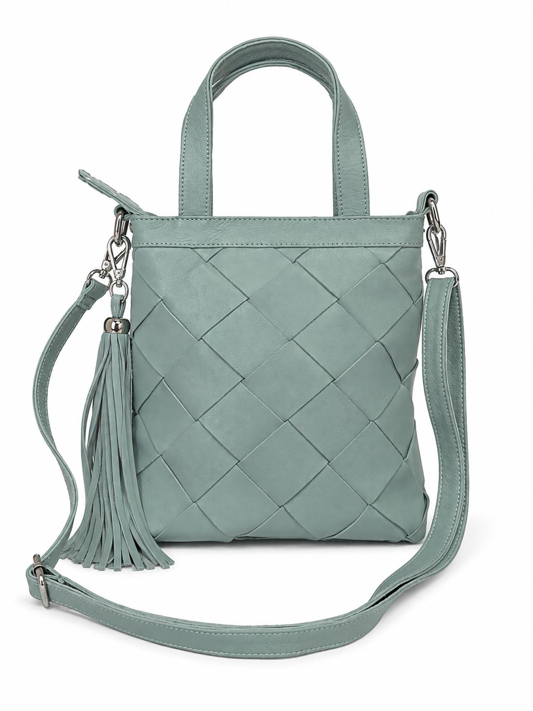 Carter pale blue leather woven leather handbag with top handles, a detachable shoulder strap, and a tassel accent