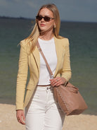 Mocha chocolate leather bag with scallop edge detail