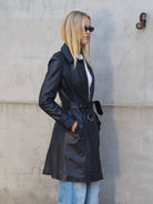 Side view of navy leather trench coat