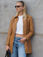 Cadelle Tilly camel mid-length leather jacket with tailored silhouette front view