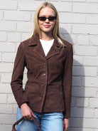 Cadelle Valentina chocolate suede blazer with button front and tailored fit front view