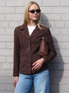 Cadelle Valentina chocolate suede blazer with button front and tailored fit front view