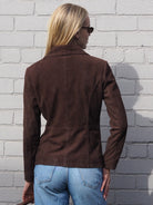 Cadelle Valentina chocolate suede blazer with button front and tailored fit back view