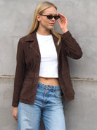 Cadelle Valentina chocolate suede blazer with button front and tailored fit front view
