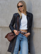 Navy leather Blair trench with Gigi leather  crossbody in chocolate 