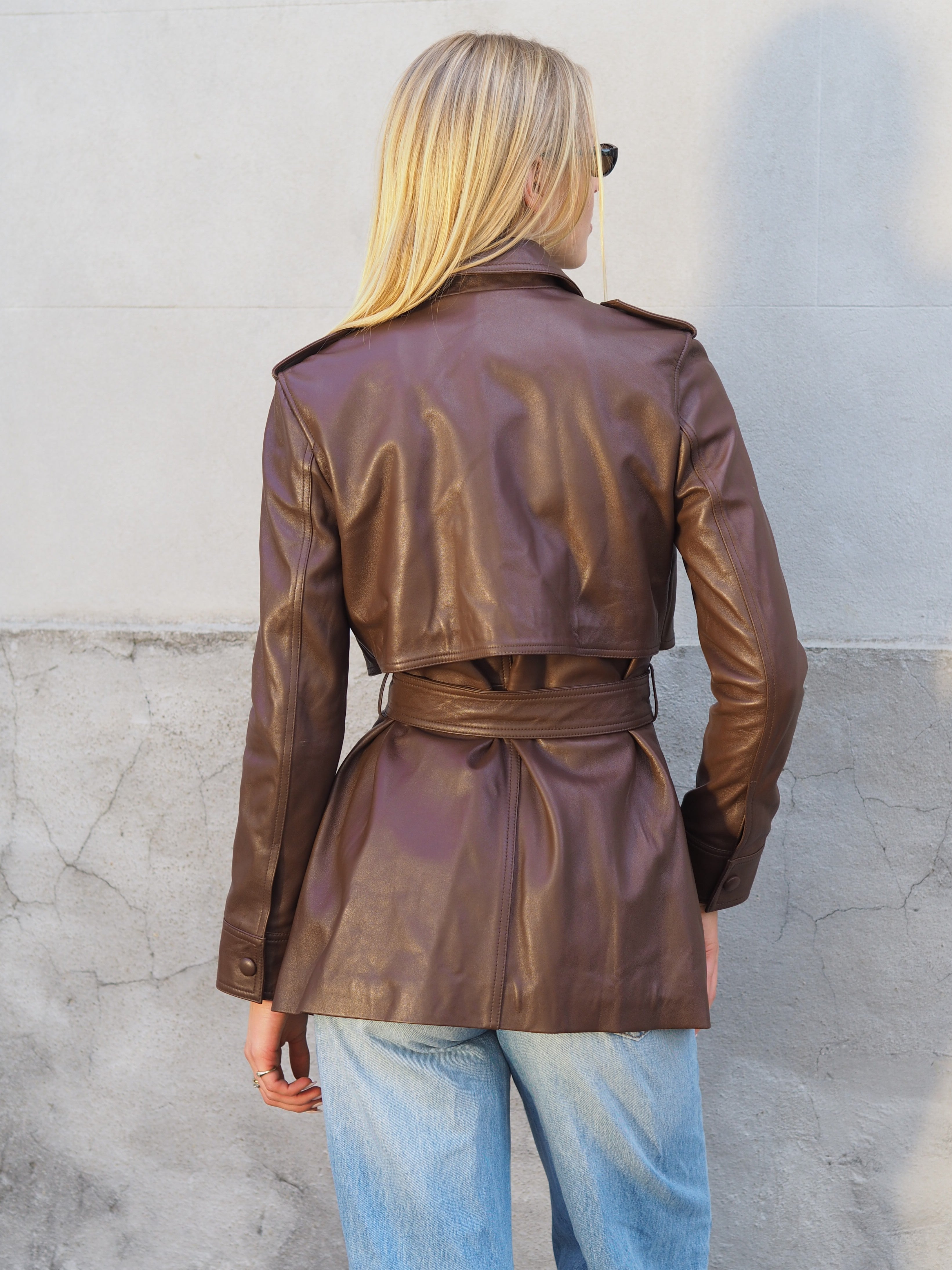 Cadelle Rosetta chocolate leather utility jacket with belted waist back view