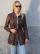 Cadelle Rosetta chocolate leather utility jacket with belted waist front view