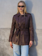 Cadelle Rosetta chocolate leather utility jacket with belted waist front view