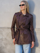Cadelle Rosetta chocolate leather utility jacket with belted waist front view