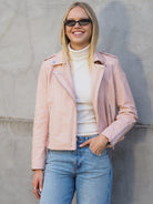  Imogen blush pink  leather biker jacket with silver studs and zippers and braid detailing