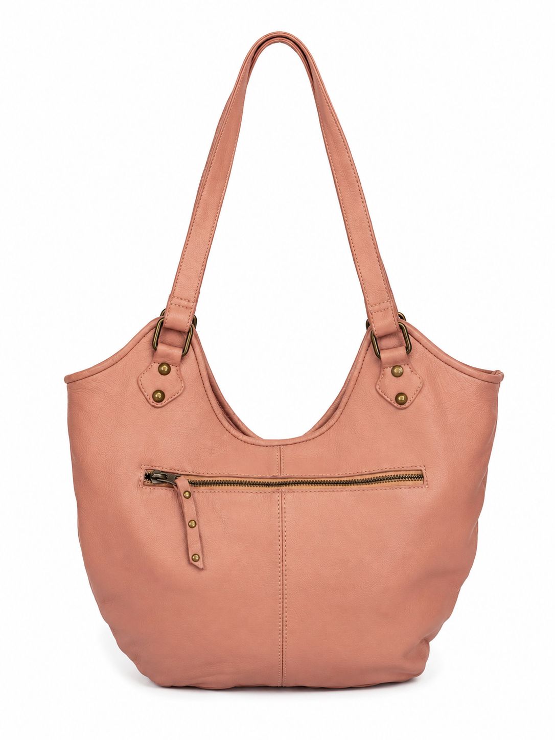 Back view of Jada Misty Rose leather shoulder bag with a back  zippered pocket and brass-tone hardware