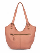 Back view of Jada Misty Rose leather shoulder bag with a back  zippered pocket and brass-tone hardware