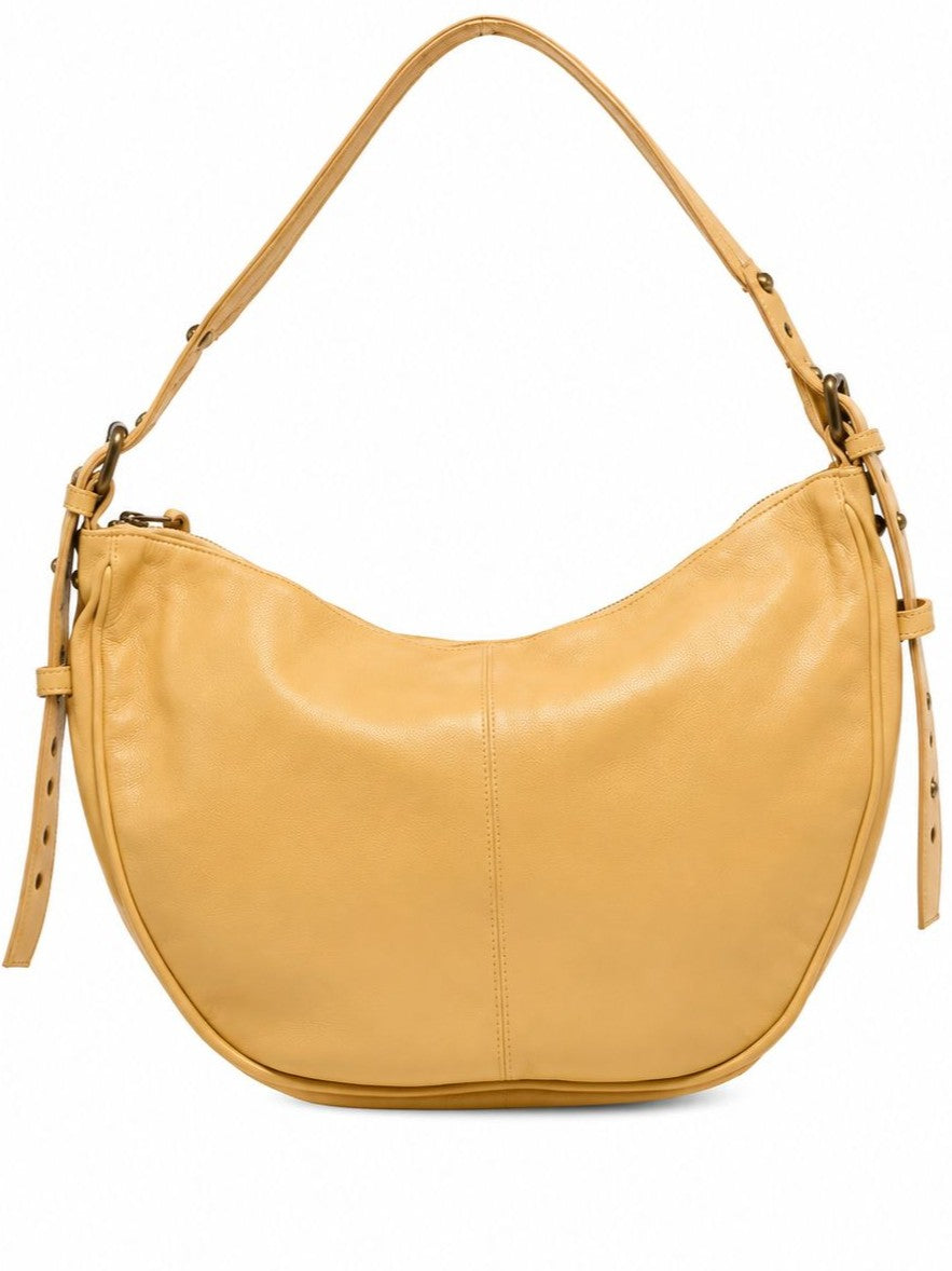 Cadelle Helena butter leather crescent-shaped shoulder hobo bag with a single shoulder strap and side buckle details