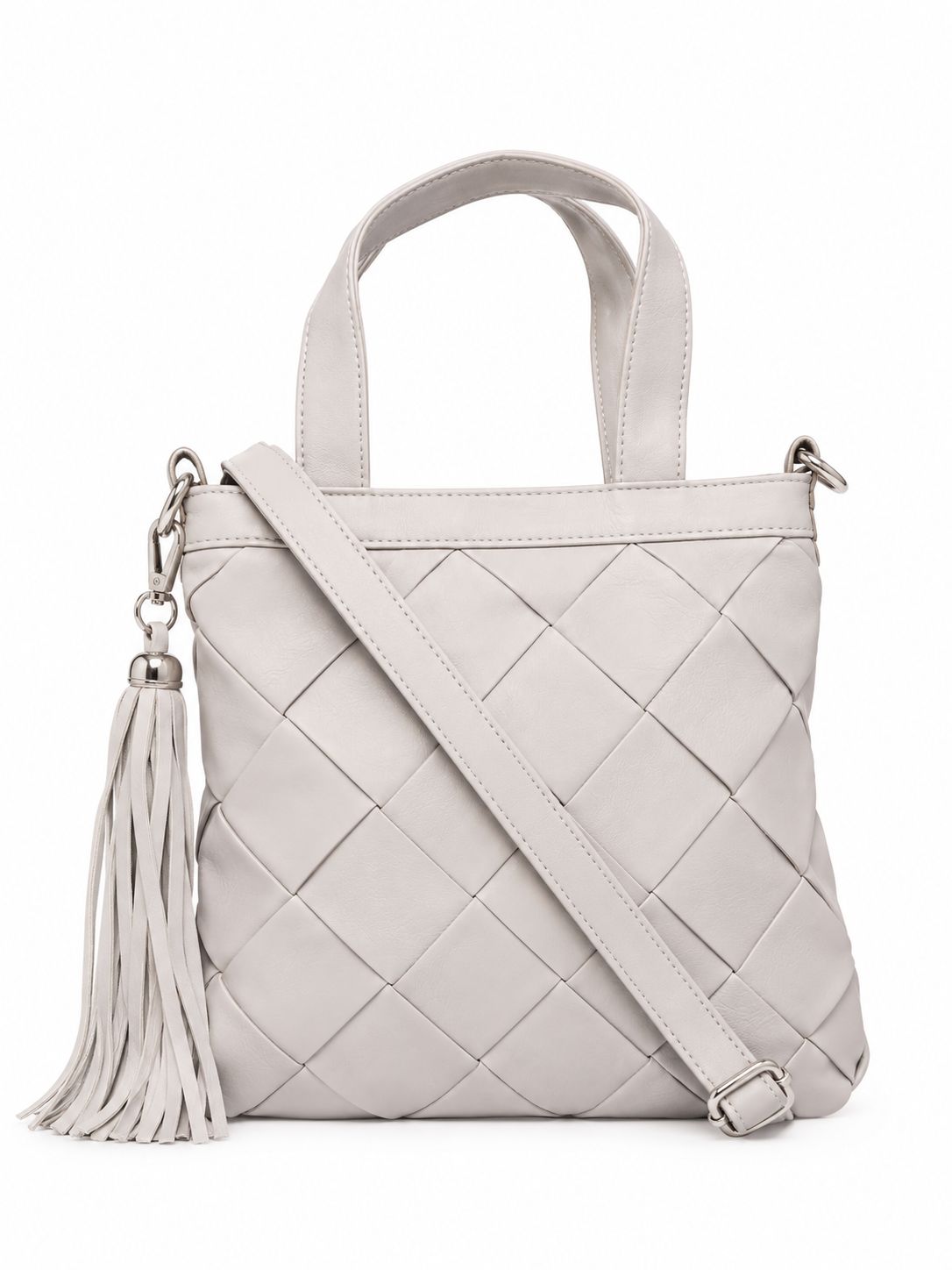 Cadelle Carter  light gray woven leather handbag with top handles, a shoulder strap, and a matching tassel 