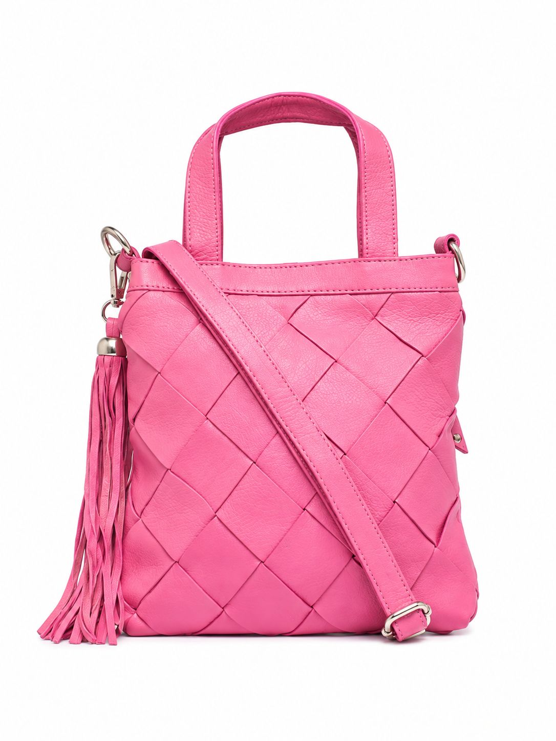 Cadelle Carter fuchsia pink woven leather handbag with top handles, a detachable shoulder strap, and a tassel 