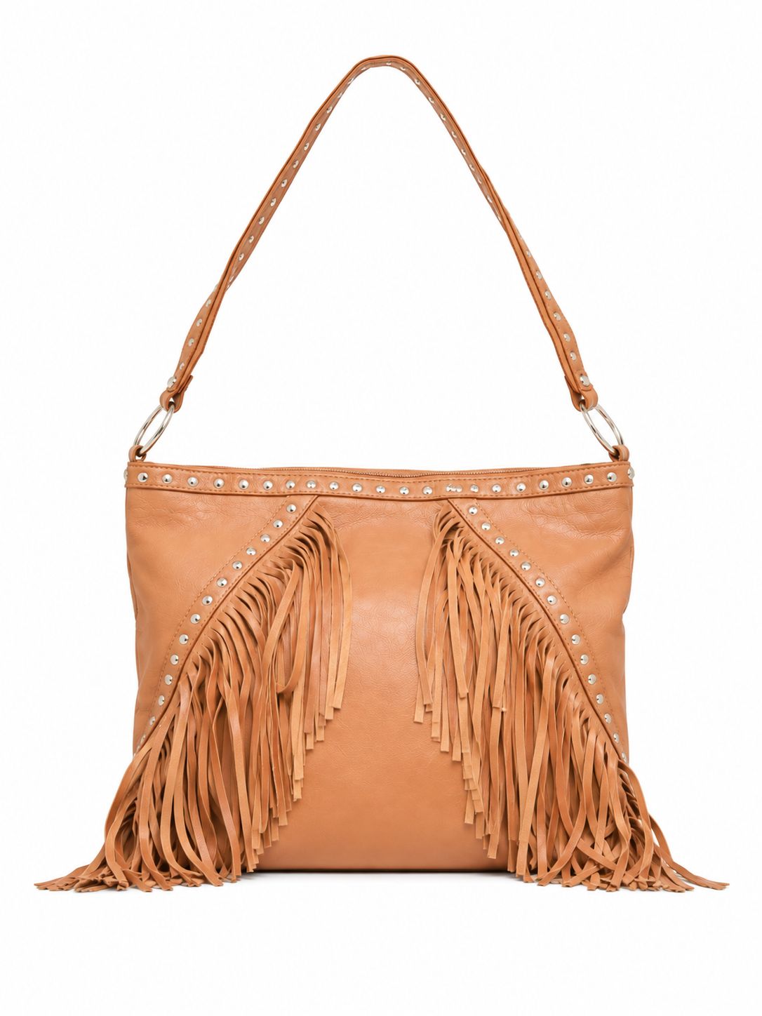 Cadelle Patty camel leather shoulder bag with long fringe details, silver-tone studs, and a matching braided shoulder strap