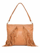 Cadelle Patty camel leather shoulder bag with long fringe details, silver-tone studs, and a matching braided shoulder strap