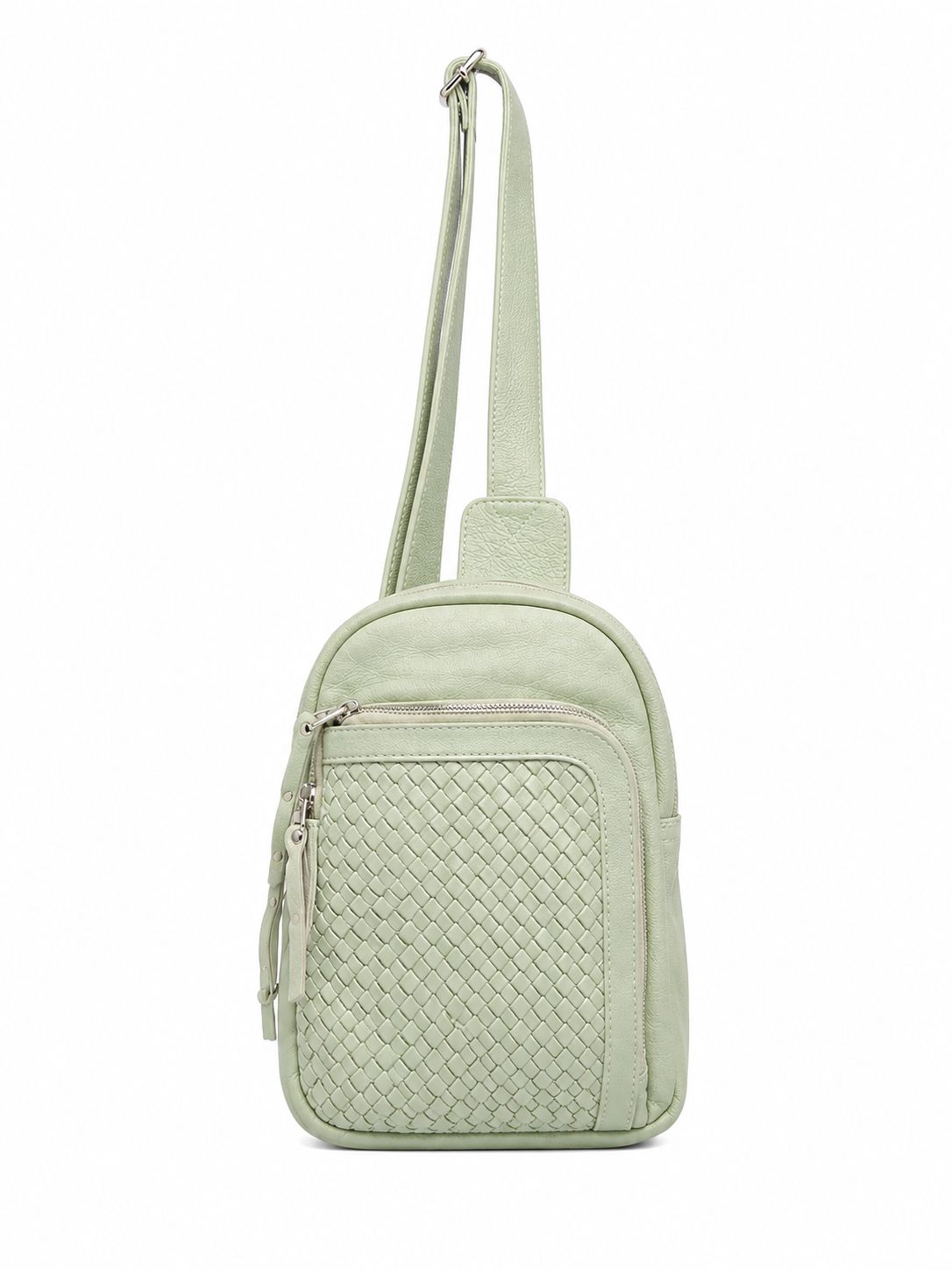 Cadelle Karissa mint green leather crossbody bag with a woven texture on the front pocket and a single shoulder strap and multiple pockets