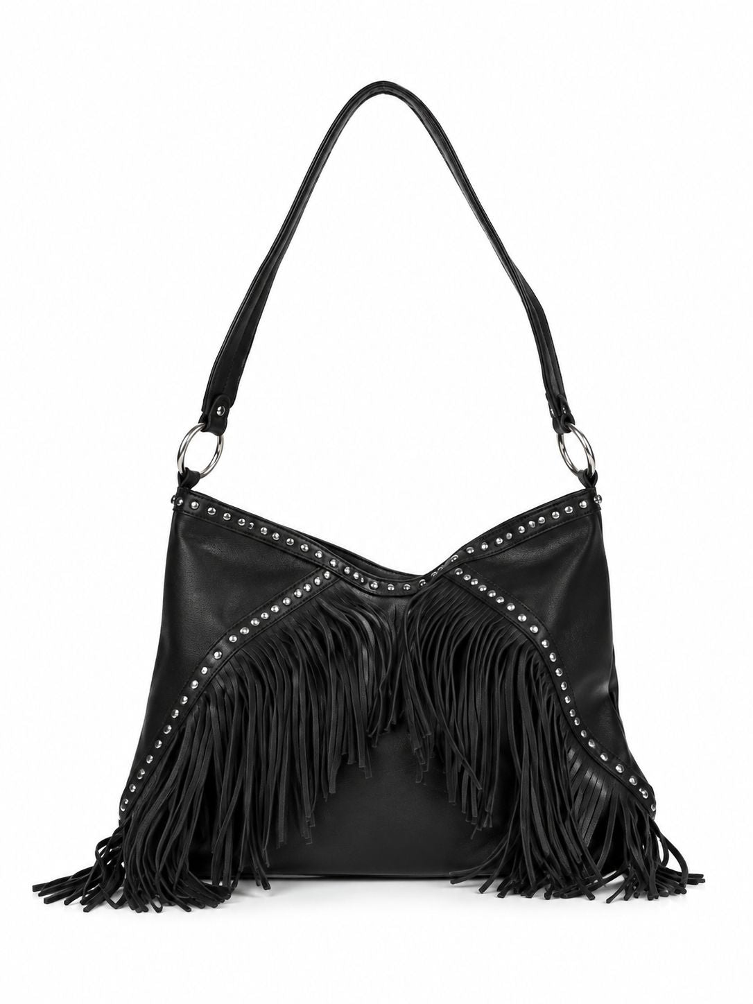 Cadelle Patty black leather shoulder bag with fringe detailing, silver-tone studs, and a single shoulder strap