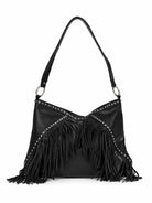 Cadelle Patty black leather shoulder bag with fringe detailing, silver-tone studs, and a single shoulder strap