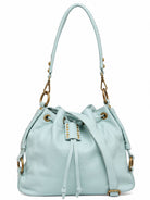 Cadelle Courtney Pale Blue leather bucket bag with detacahble handle and drawstring front