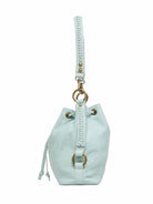Cadelle Courtney Pale blue leather bucket bag with fancy braid at the side  -side view