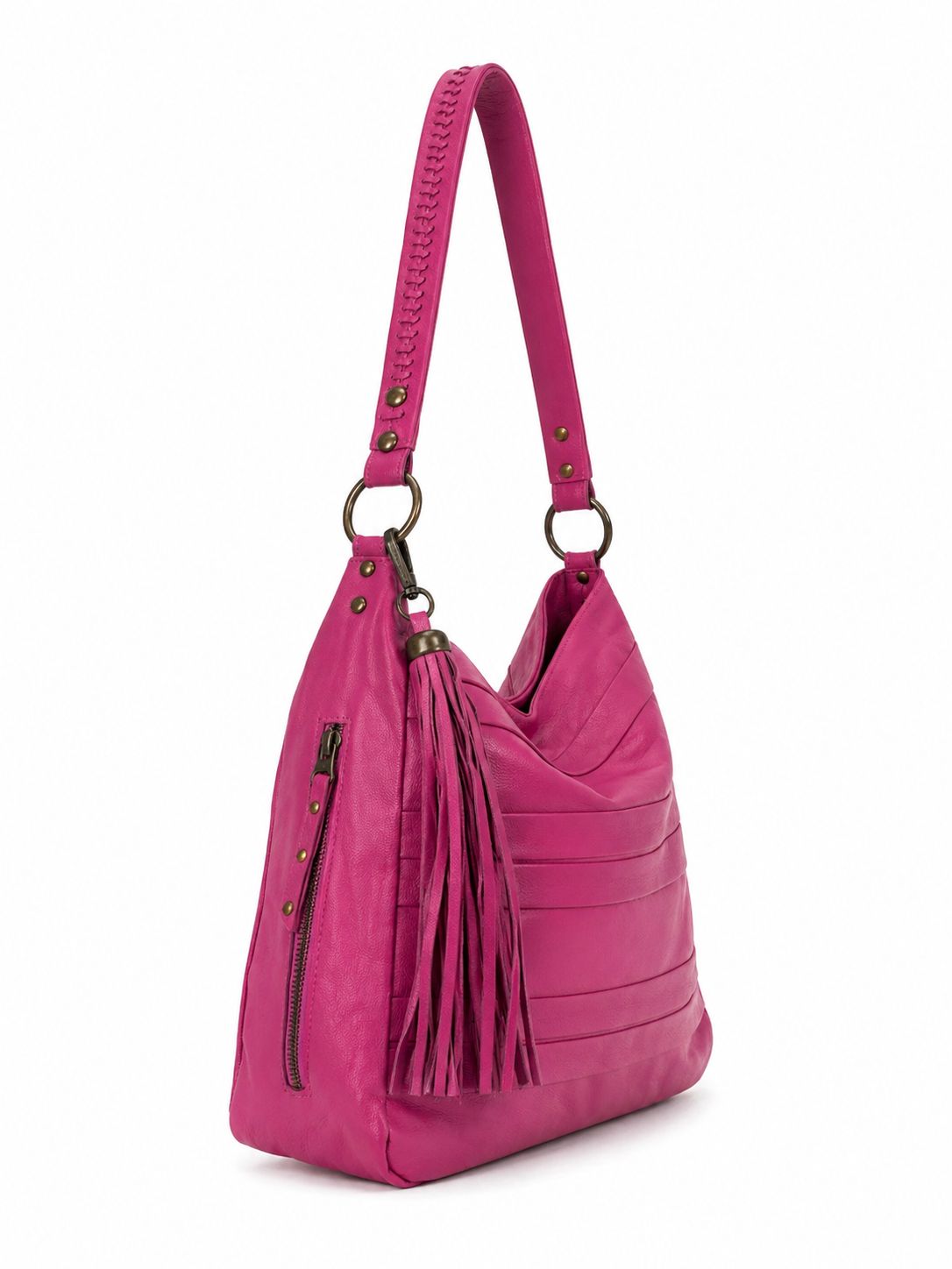 Cadelle Alicia Fuchsia leather tote bag with braided handles and zip closure side view