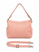 Cadelle Frankie leather shopper in misty rose with woven front panel, plait handle and detacahble crossbody strap 