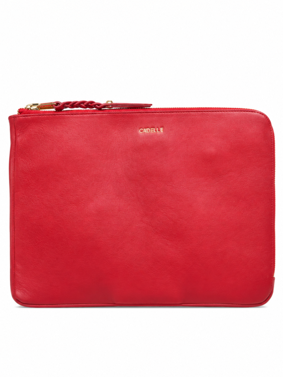 Cadelle Jade red leather tablet case with gold zips