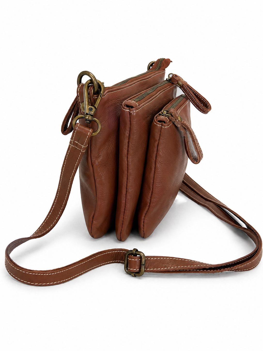 Cadelle Freya Spice leather crossbody bag with front zip pockets side view