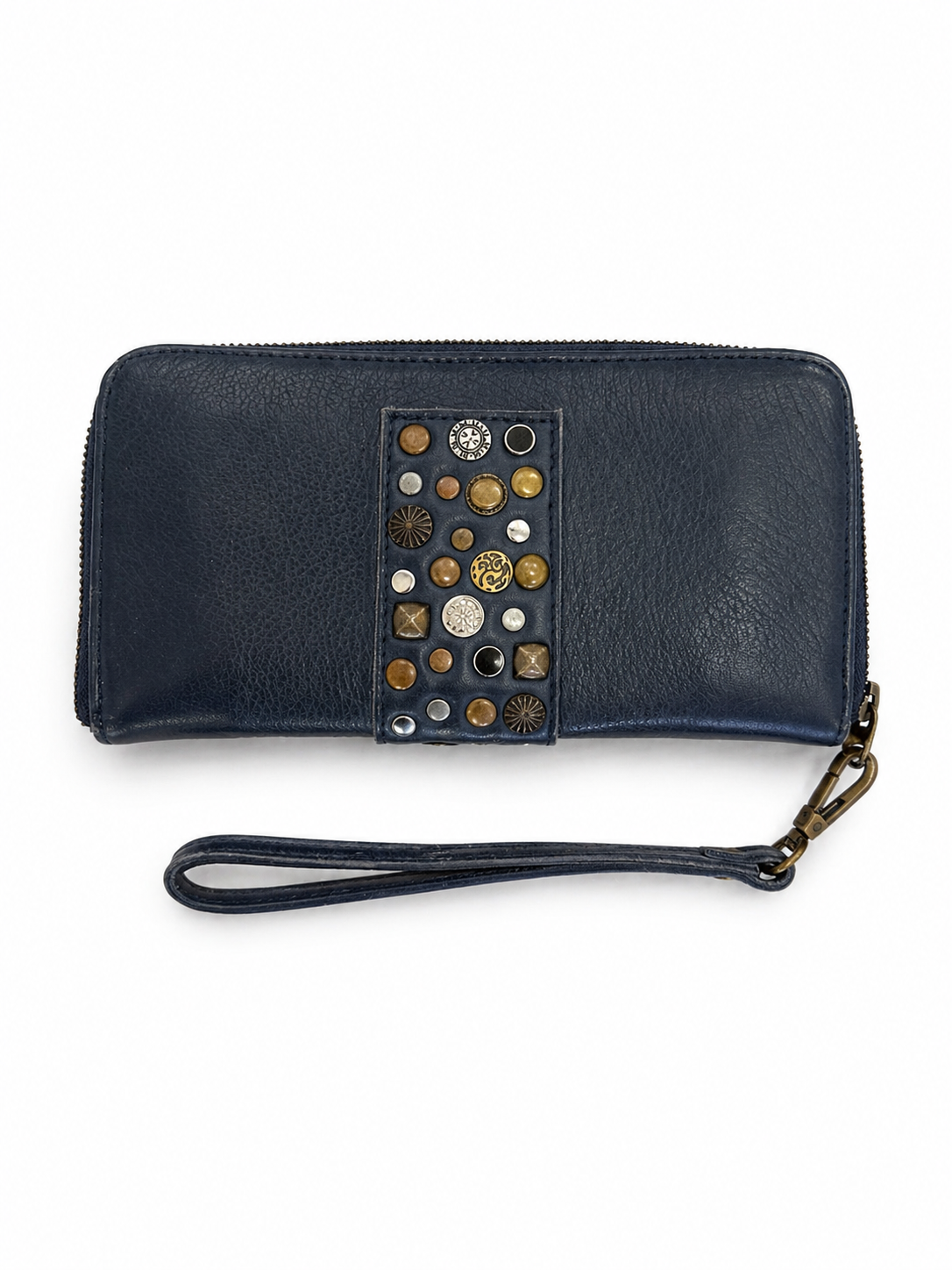 Cadelle Lisa Denim leather wallet clutch with wristlet strap and zip closure front view